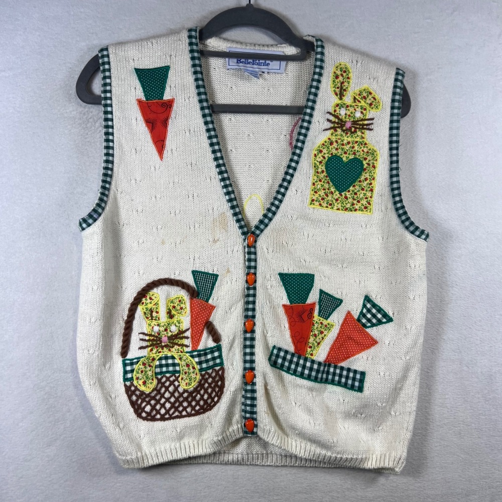 BellePointe Vintage Easter Bunny Carrot Knit Sweater Vest Cream Womens Medium